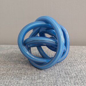 Art Glass Murano-Style Twisted/Infinity Knot Sculpture, Blue Ribbon & Silver